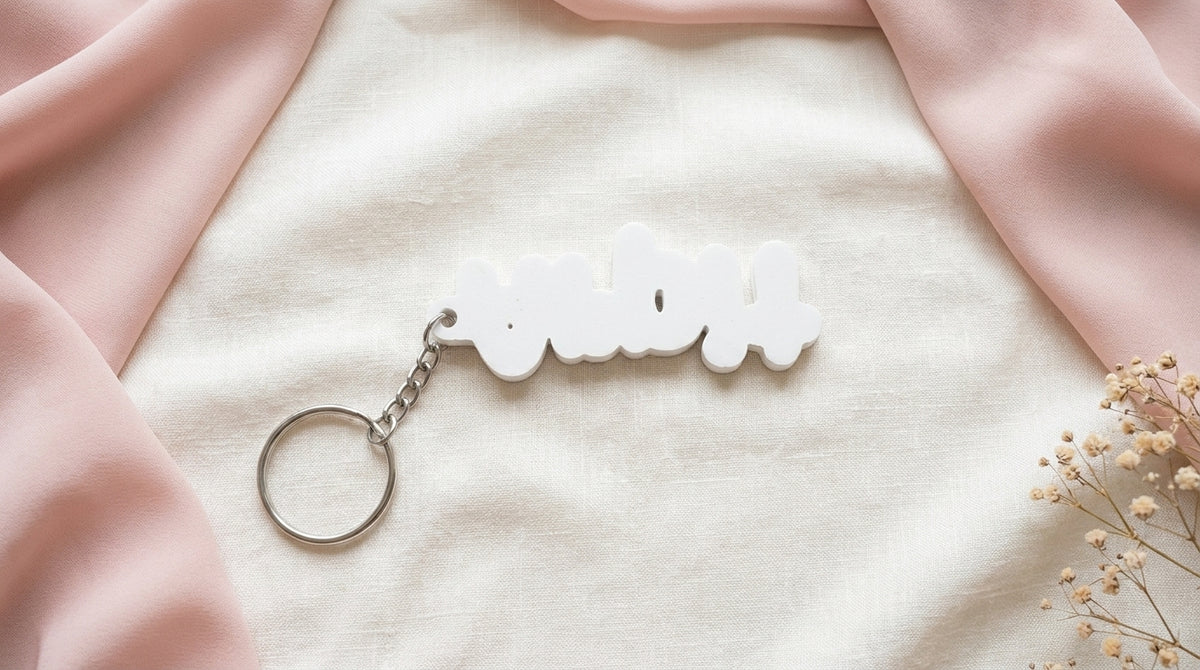 Back view of NameLoop personalized name keychain with white backing and included keyring