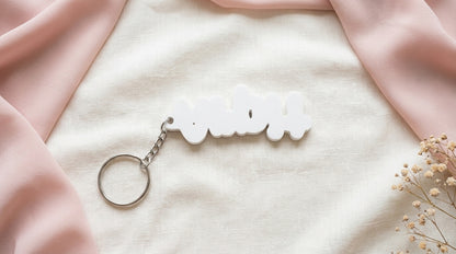 Back view of NameLoop personalized name keychain with white backing and included keyring